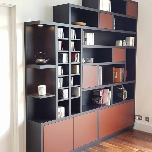 Black-and-brown-wall-unit-and-bookcase-with-built-in-lights