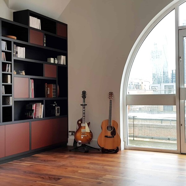 Black Valchromat MDF bookcase mw creative carpentry Oak bookcase lifestyle