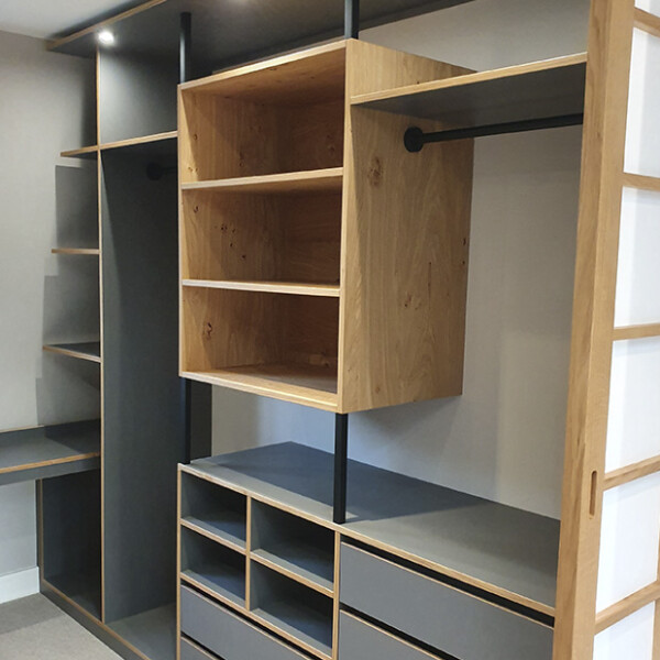 plywood walk in wardrobe with floating storage
